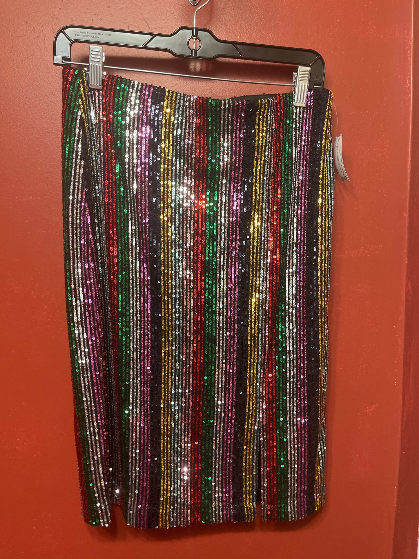 Size S INC Black/Multi-Colored Mid Sequined Stripes Skirt