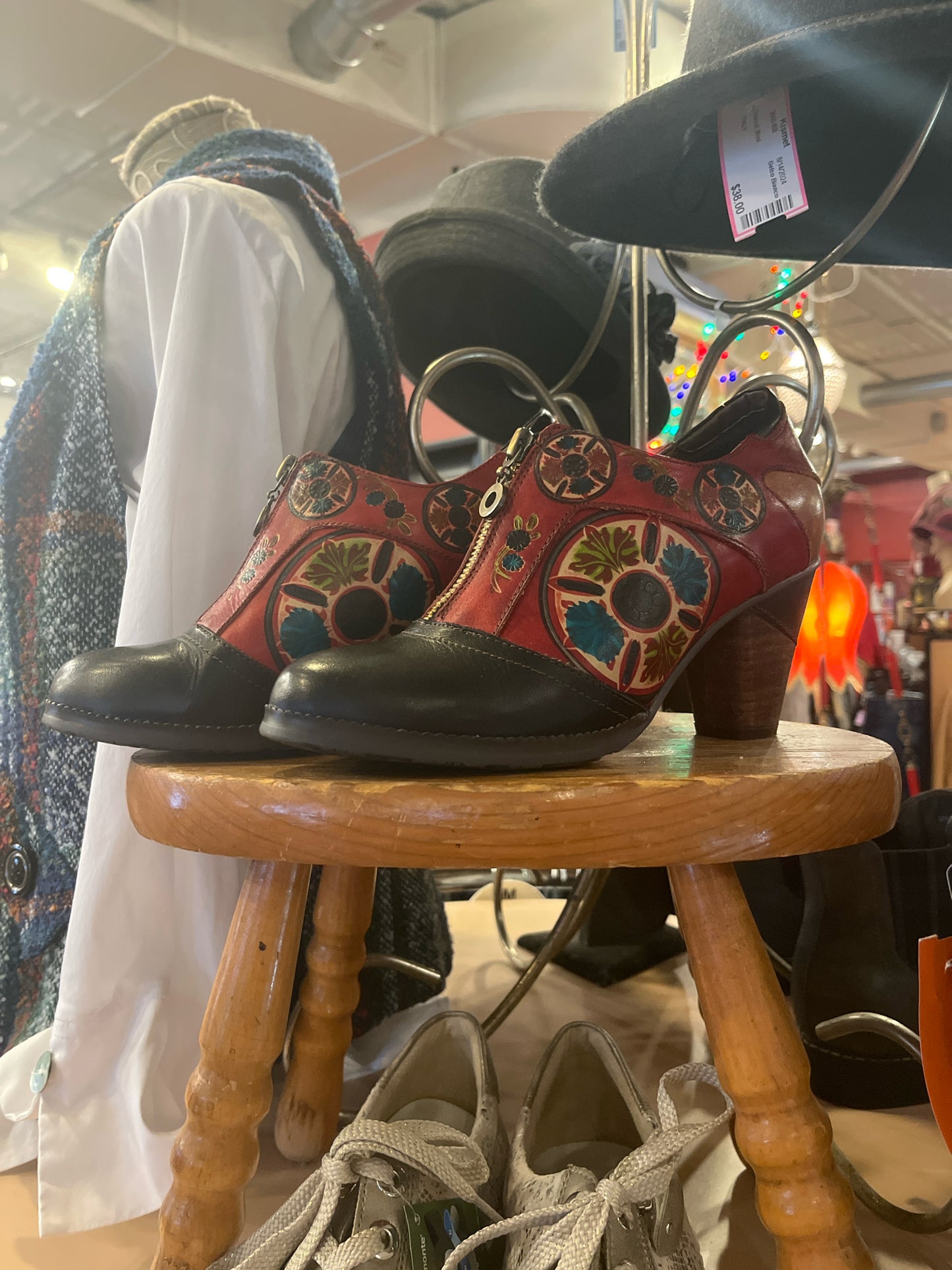 Shoe Size 8 L'artiste Red/Black zip Floral Leather Heels