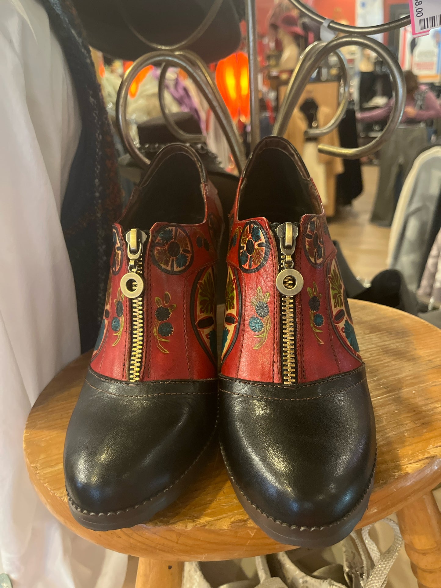 Shoe Size 8 L'artiste Red/Black zip Floral Leather Heels