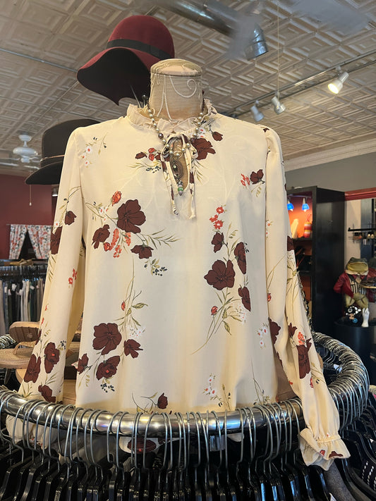 Size L Timing Cream/Burgundy Sheer Floral Top